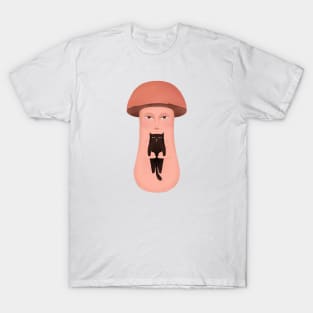 Cute serious mushroom with serious black cat T-Shirt